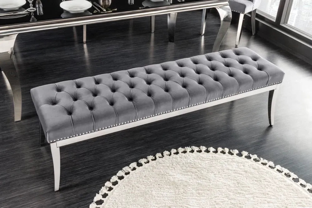 Bancheta din Otel inoxidabil Argintiu si Catifea Gri H47xL164cm Castle delux