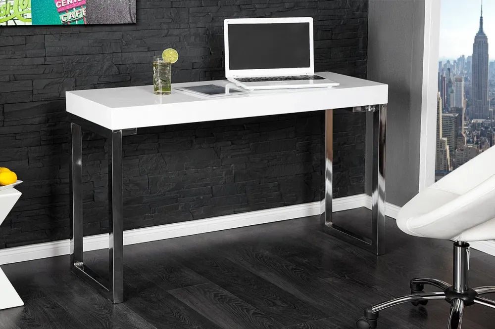Birou din MDF Alb lucios si Metal Argintiu L120xH75cm White