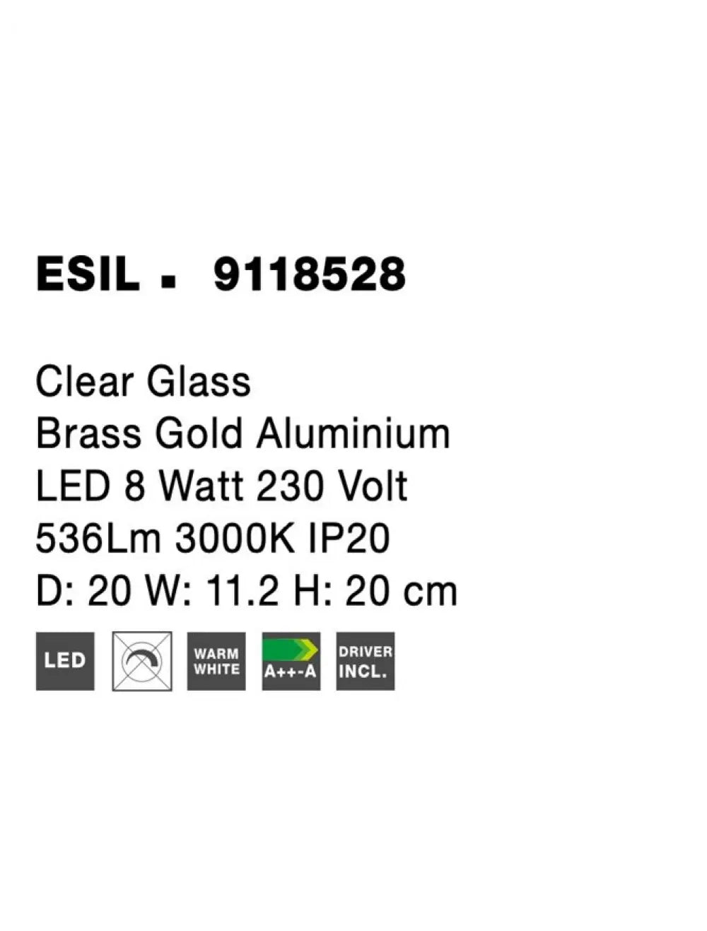 Aplica de perete structura din Aluminiu Auriu si abajur din Sticla Transparent H20xL20cm IP20 8W 536lm 3000k ESIL