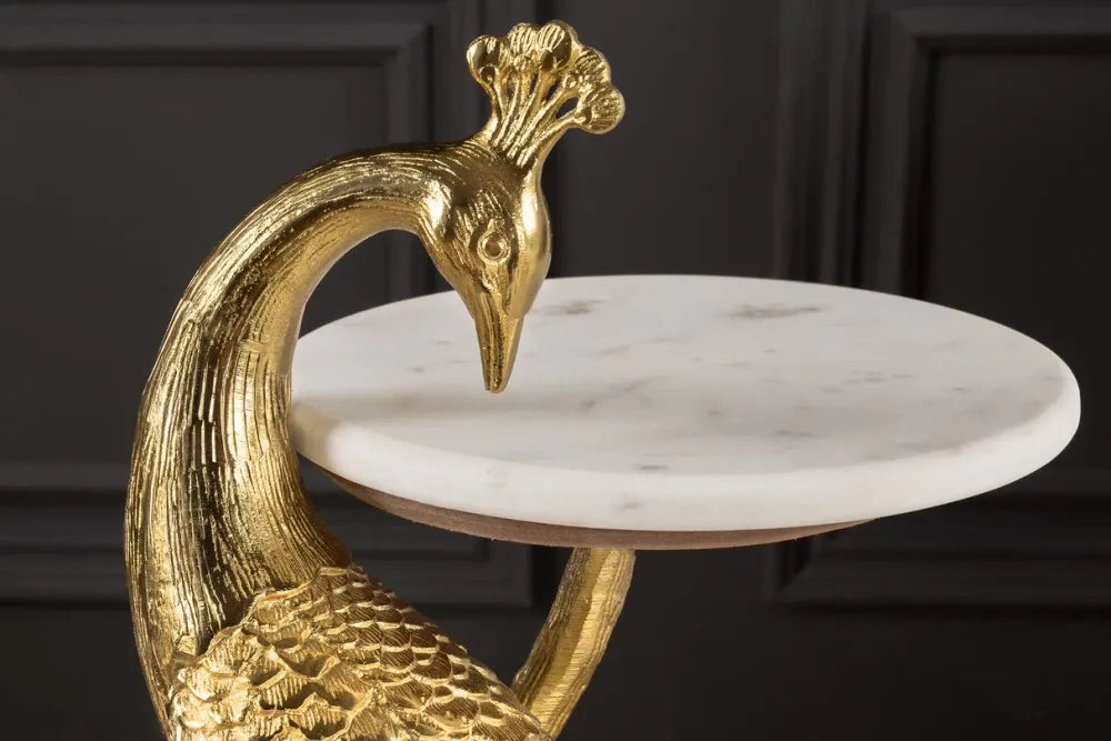 Masuta laterala din Marmura Alb si Metal Auriu L33xH75cm Wildlife peacock