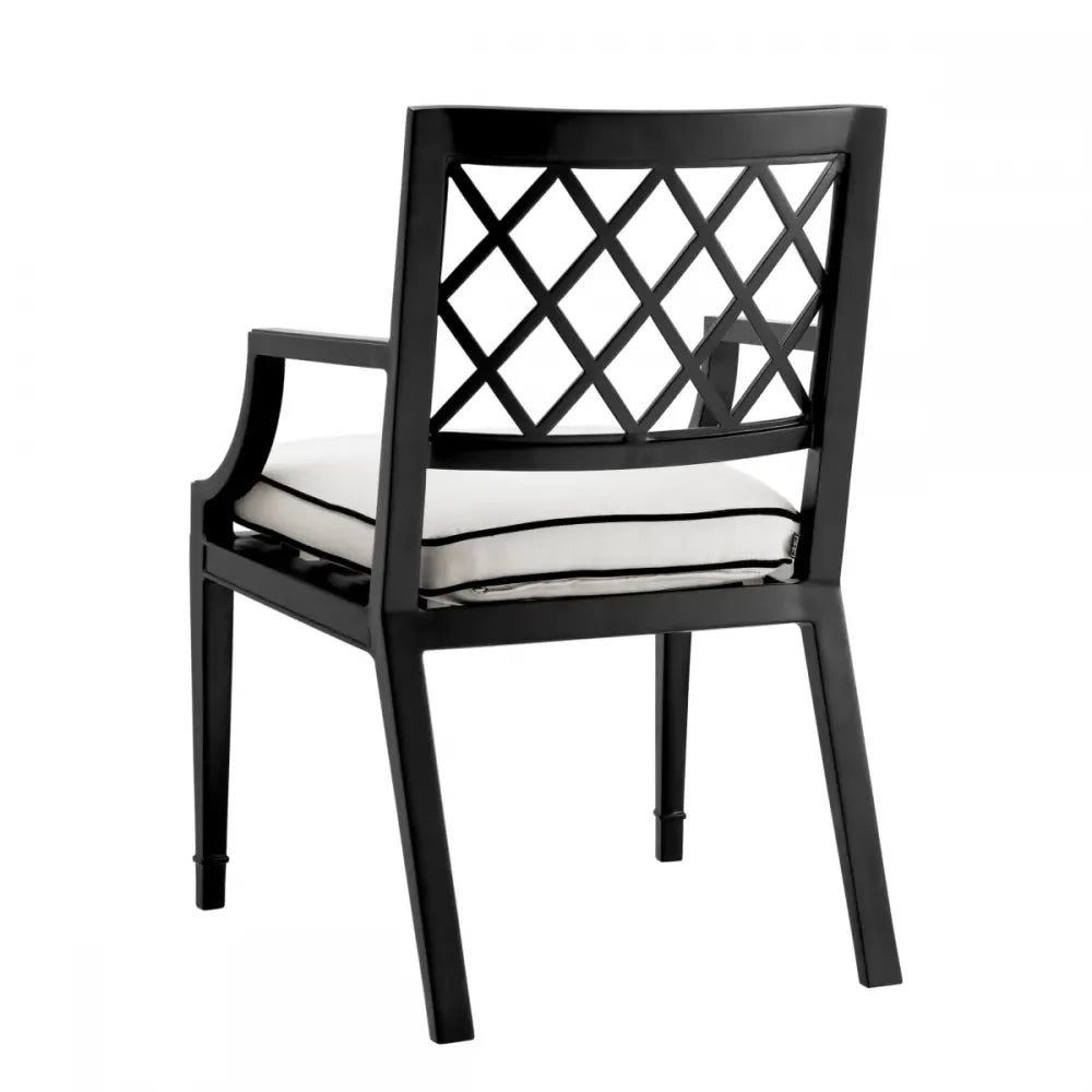 Scaun cu brate de exterior din Metal Negru si Stofa Alb H87xL60xA66cm Paladium Eichholtz