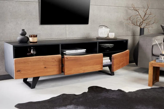 Comoda TV din MDF/Lemn de salcam Negru/Maro si Metal Negru L140xH50cm ORGANIC ARTWORK