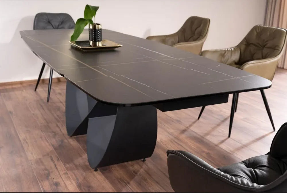 Masa extensibila cu blat din Sticla securizata + Ceramica cu efect de marmura Negru cu baza din Metal Negru L160-240cm Infinity