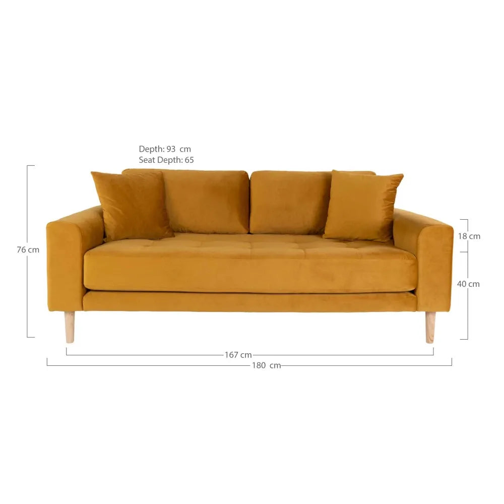 Canapea de 2 locuri cu picioare din lemn de fag maro tapitata cu Catifea Galben L180xH76cm Lido