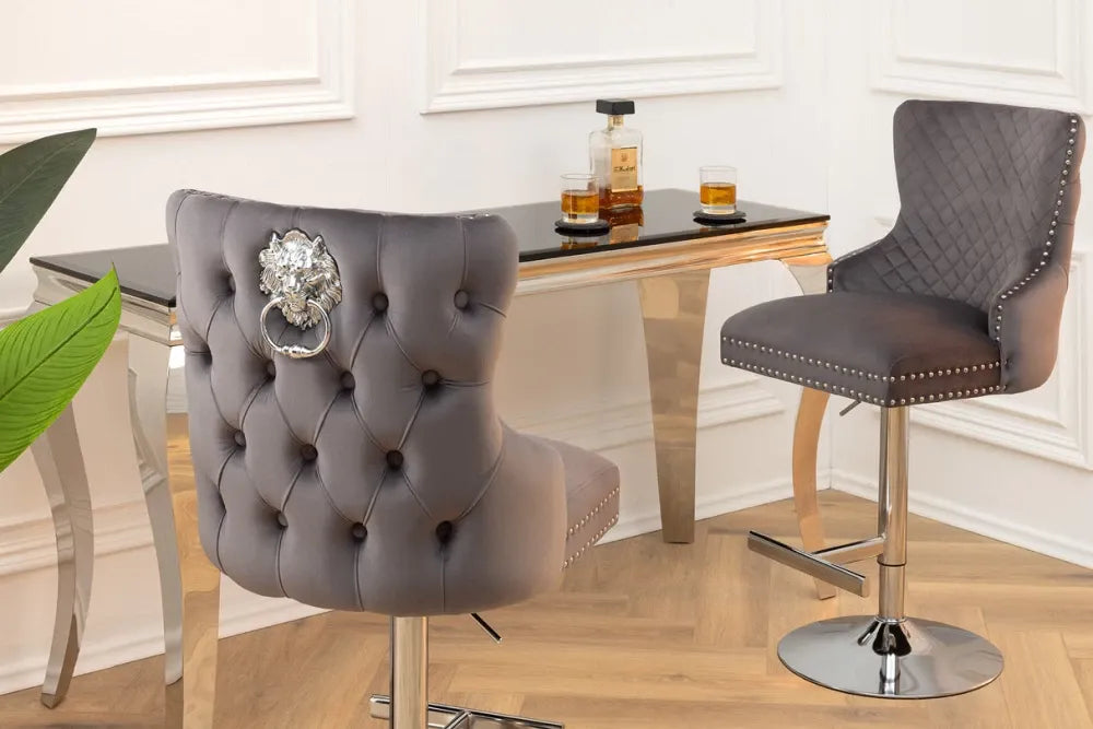 Set 2 scaune de bar din Otel inoxidabil Argintiu si Catifea Gri H108-130xL50cm Castle