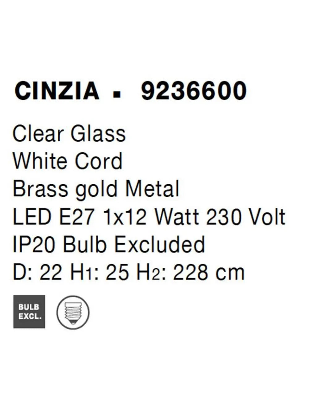Pendul structura din Metal Alama si abajur din Sticla Transparent H228xL22cm IP20 CINZIA