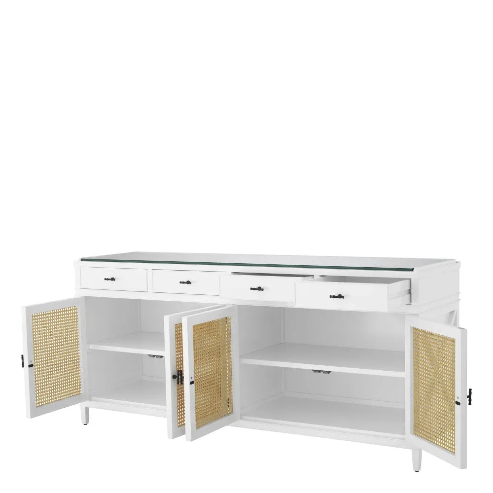 Comoda din Sticla Transparent si Lemn de mahon/MDF Alb L200xH92.5cm Bahamas Eichholtz