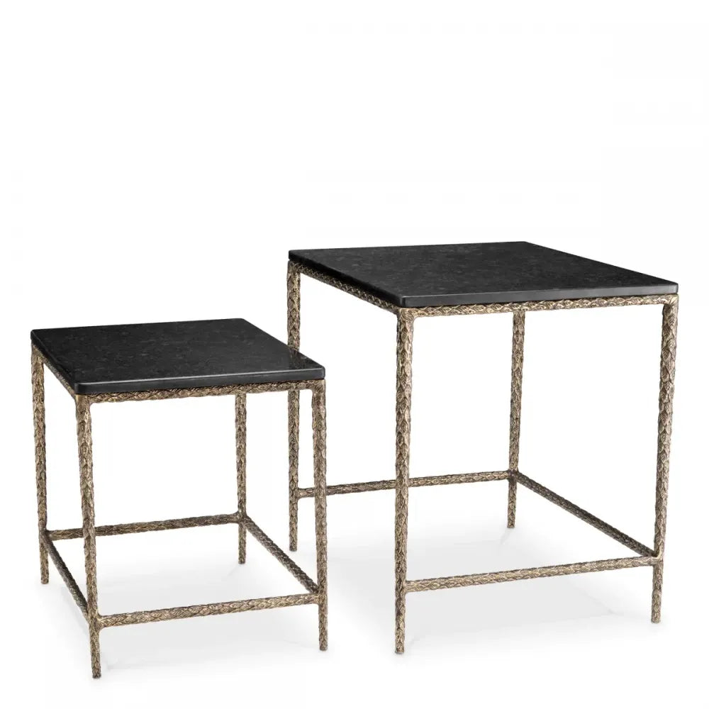 Set 2 masute laterale Patrate din Aluminiu Alama si Granit Negru L50/60xl40/50cm Ferndale Eichholtz