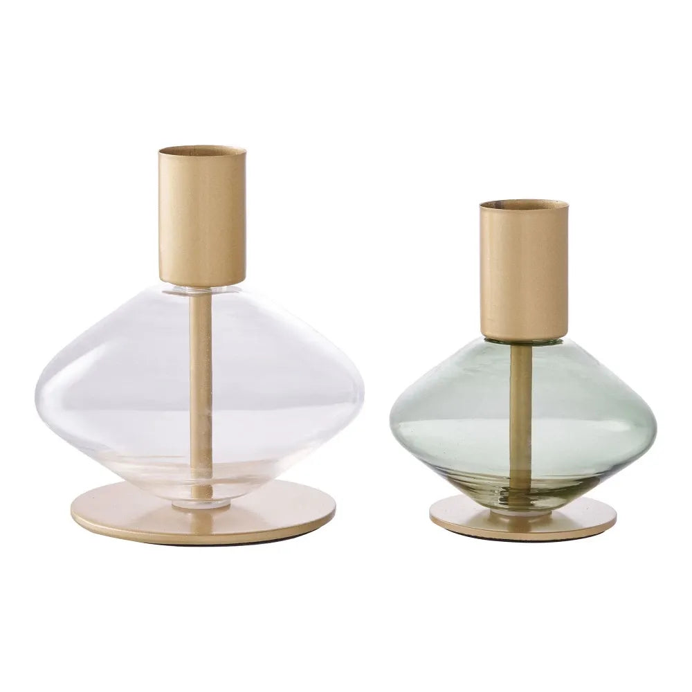 Set 2 suporturi lumanari din Sticla/Metal Transparent/Verde/Auriu H8.4/9.5xD7.2/8.7cm HN0919