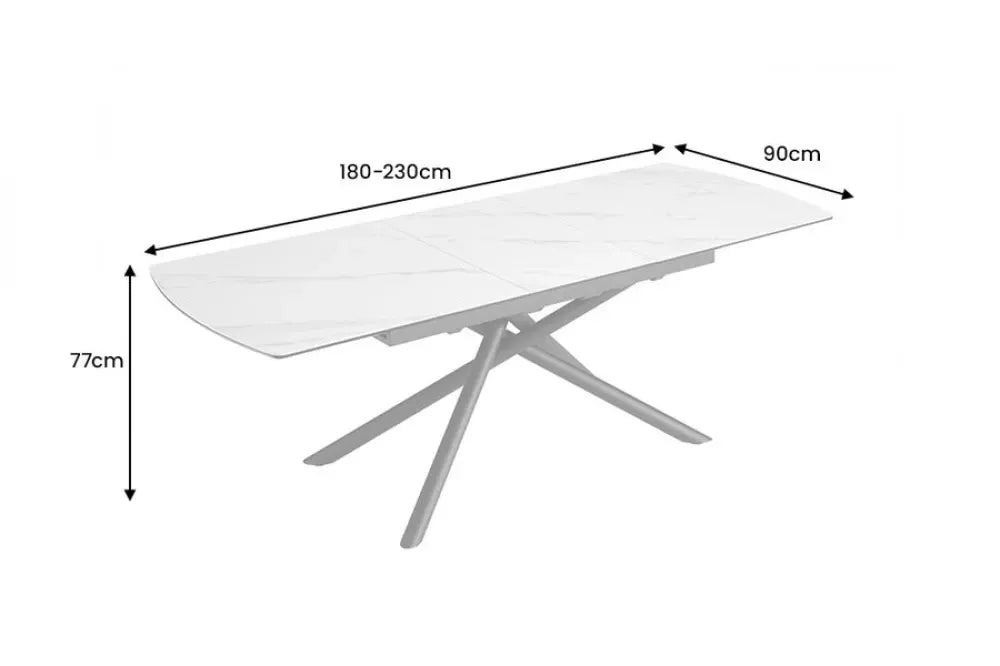Masa din Sticla securizata/Ceramica Alb cu efect de marmura si Metal Negru L180-230xH77cm Mikado