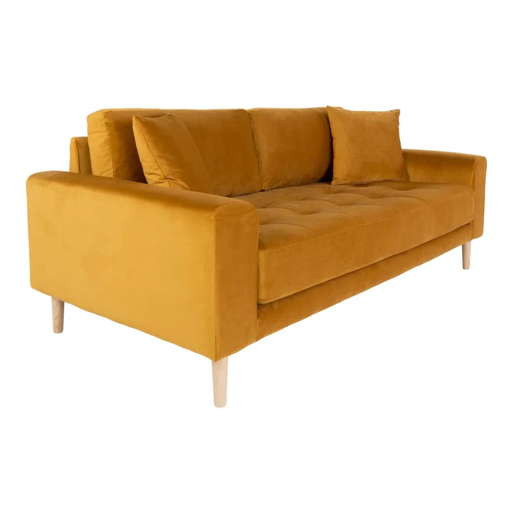 Canapea de 2 locuri cu picioare din lemn de fag maro tapitata cu Catifea Galben L180xH76cm Lido