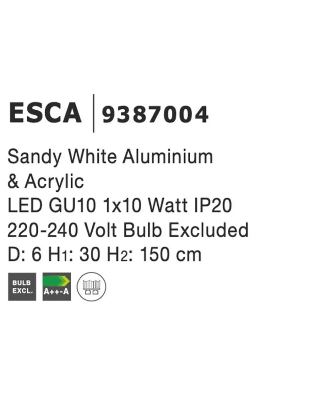 Pendul structura din Aluminiu Alb si abajur din Acrilic  H150xL6cm IP20 ESCA