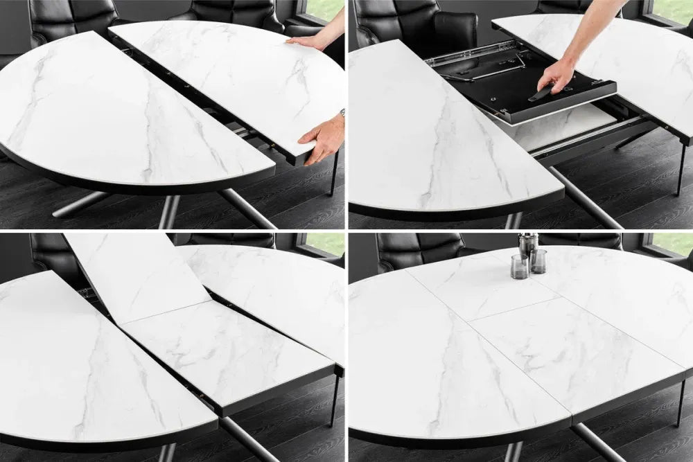 Masa din Sticla securizata/Ceramica Alb cu efect de marmura si Metal Negru L120-160xH77cm Mikado