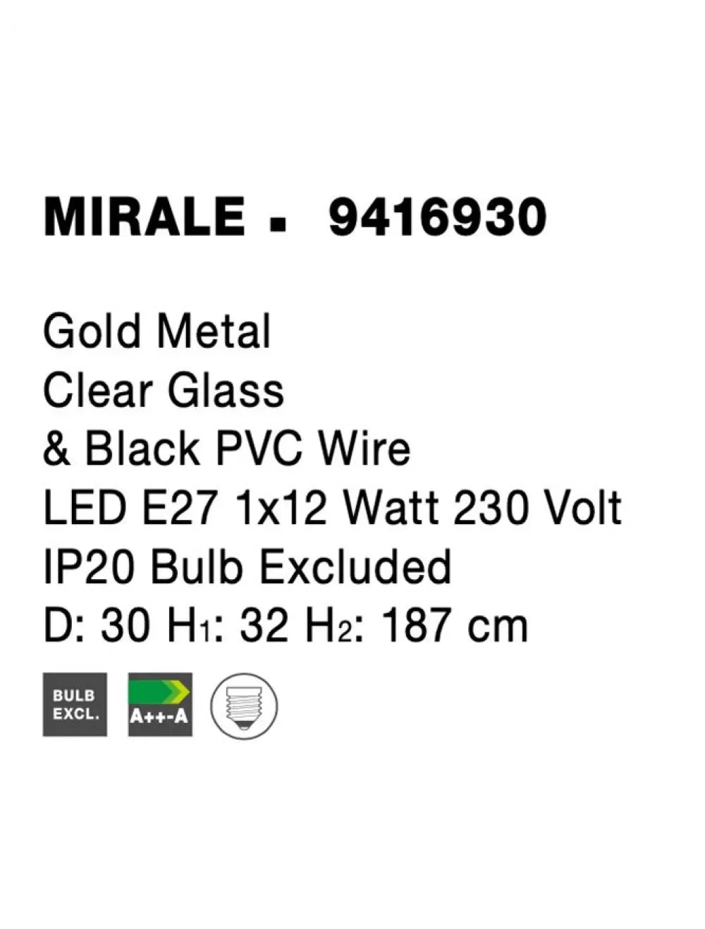 Pendul structura din Metal Negru/Auriu si abajur din Sticla Transparent H187xL30cm IP20 MIRALE
