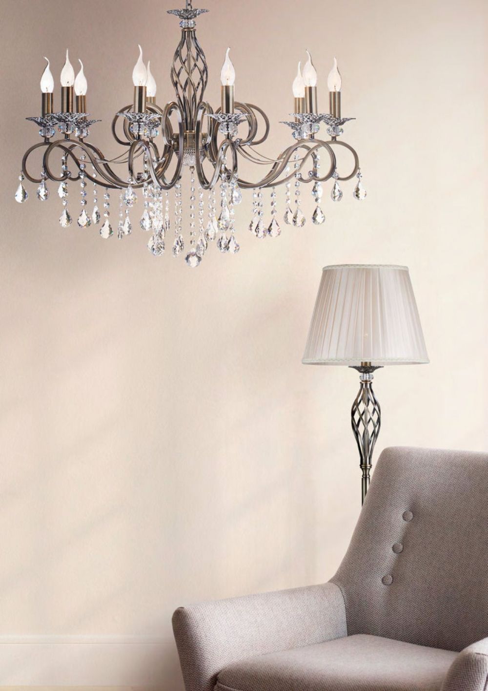 Candelabru rotund cu inaltime reglabila din Cristal Auriu cu 10 becuri D85xH124cm Grace