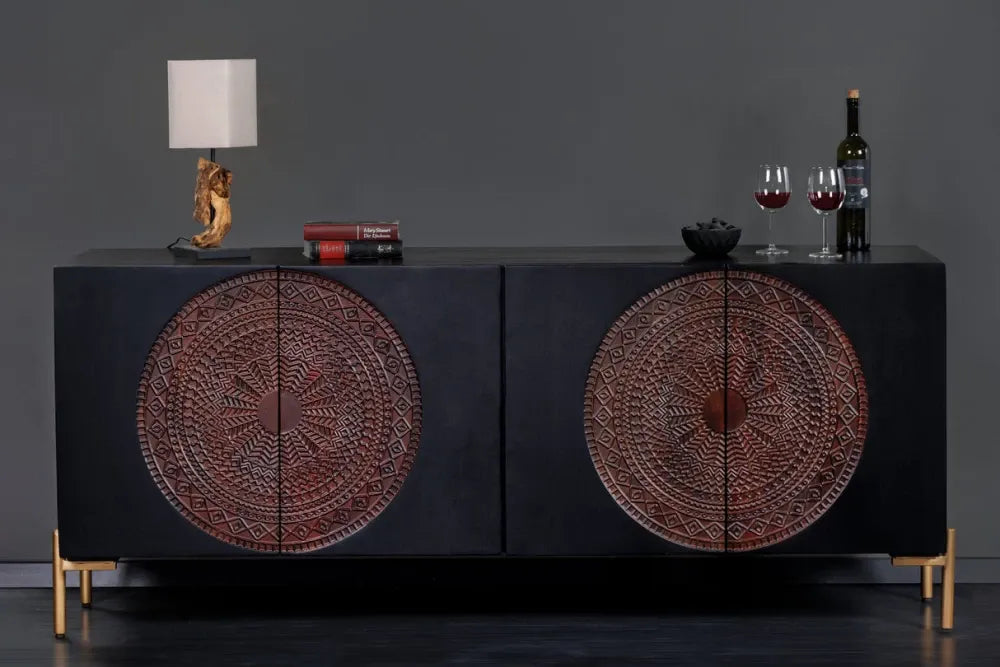 Comoda din Lemn de mango Negru/Maro si Metal Auriu L160xH76cm MANDALA