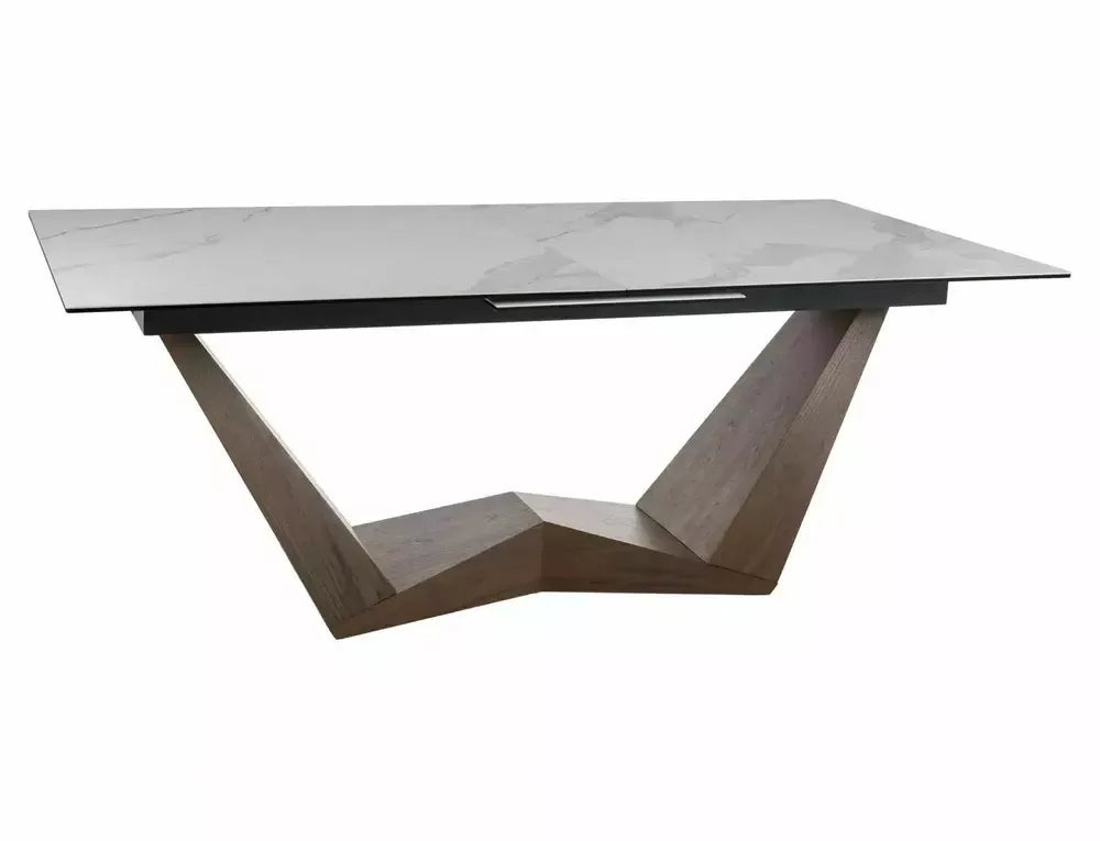 Masa Dreptunghiulara de 12 persoane din Sticla securizata+Ceramica Alb mat cu efect de marmura si MDF+furnir Maro L200-250xH76cm Bonucci