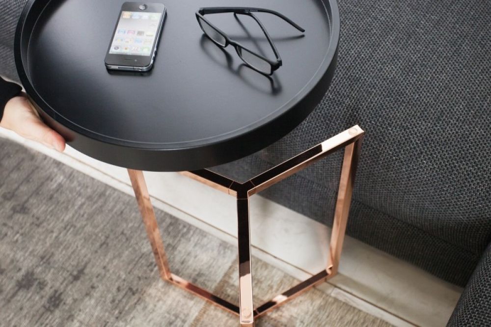 Masuta de colt rotunda din lemn masiv si Metal Negru/Rose Gold D40xH50cm Modular