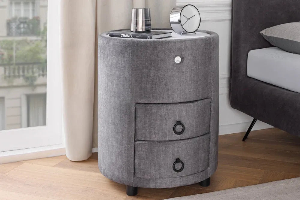 Noptiera rotunda cu iluminare din Catifea Gri si MDF Alb D45xH55cm SIGNUM