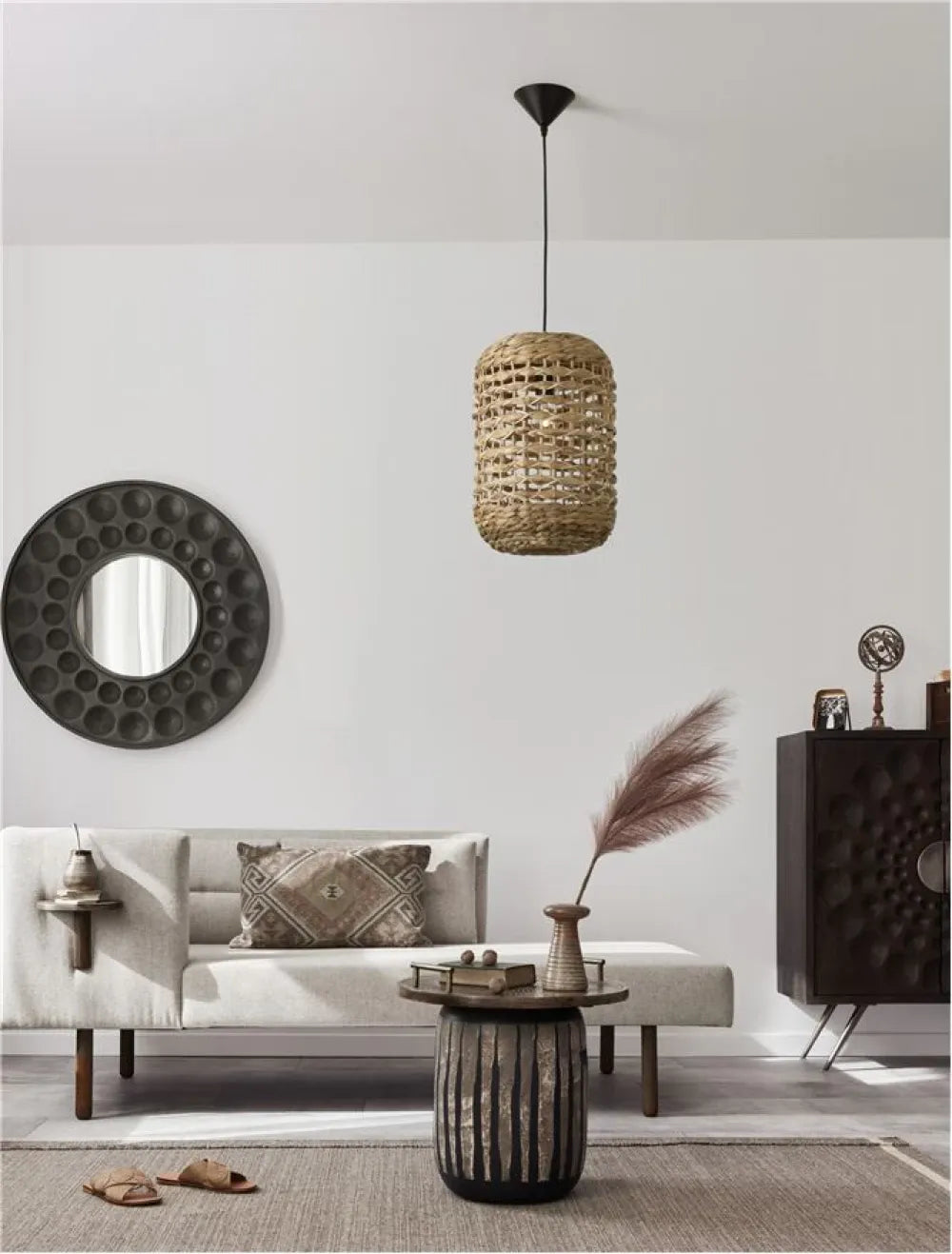 Pendul structura din Metal Negru si abajur din Ratan Bej H185xL27cm IP20 GRIFFIN