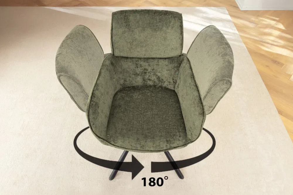 Set 2 scaune rotative cu brate  tapitat cu Chenille Verde si picioare din Metal Negru H84xL61xA64cm Unique