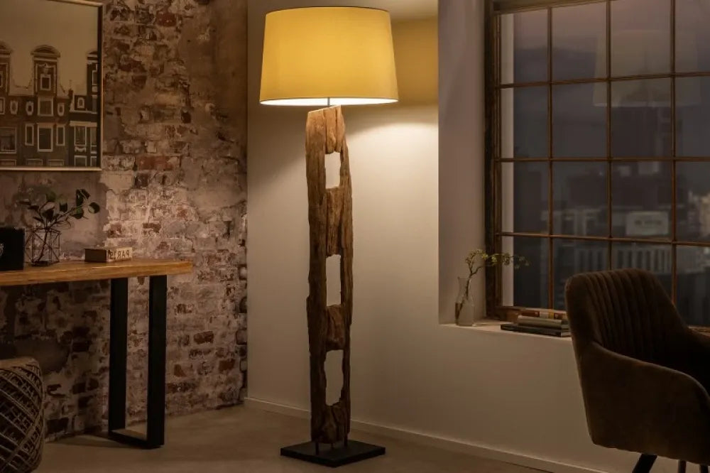 Lampa de podea din Lemn Maro si Textil Alb H177xD55cm Barracuda