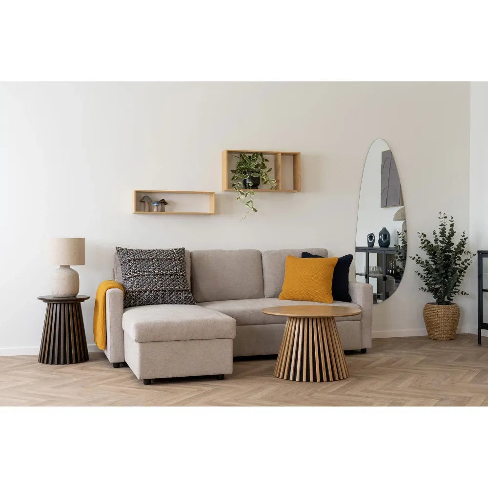 Coltar extensibil cu orientare reversibila si spatiu depozitare tapitat cu Stofa Bej L218xH87cm Belfast
