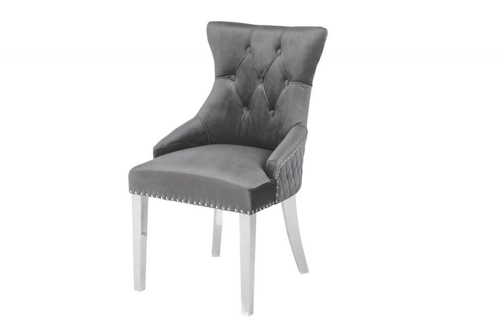Set 2 scaune tapitat cu Catifea Gri cu picioare din Otel inoxidabil Argintiu H94xL53xA63cm Castle