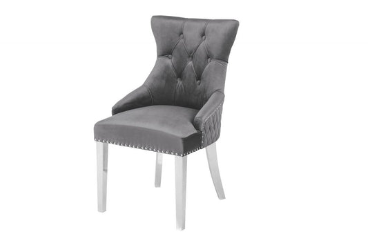 Set 2 scaune tapitat cu Catifea Gri cu picioare din Otel inoxidabil Argintiu H94xL53xA63cm Castle