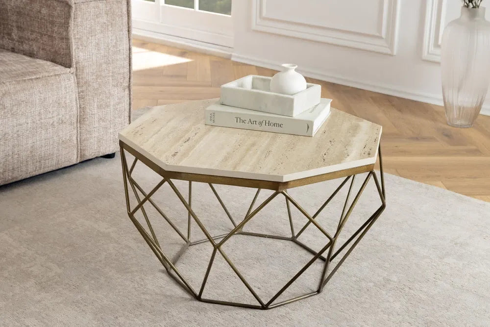 Masuta de cafea din Travertin Bej si Metal Alama L70xH38cm Diamond