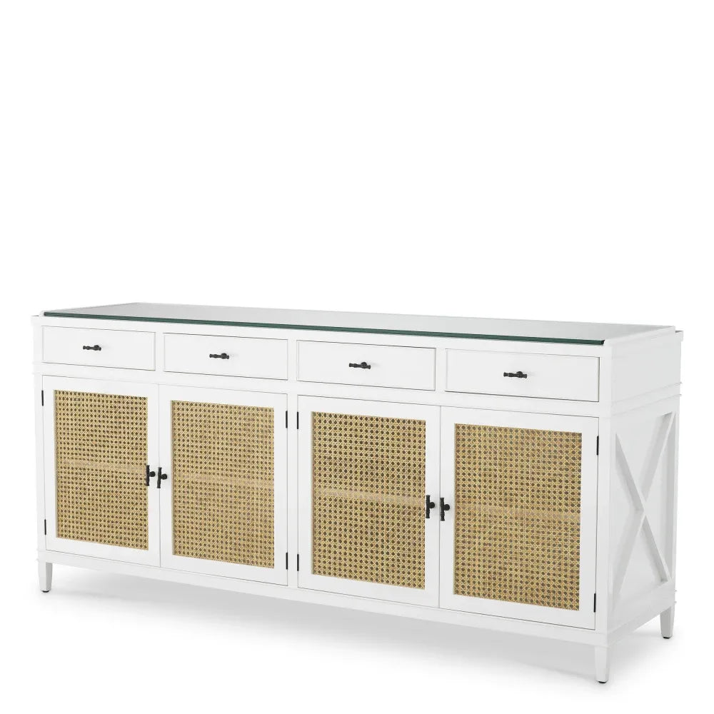 Comoda din Sticla Transparent si Lemn de mahon/MDF Alb L200xH92.5cm Bahamas Eichholtz