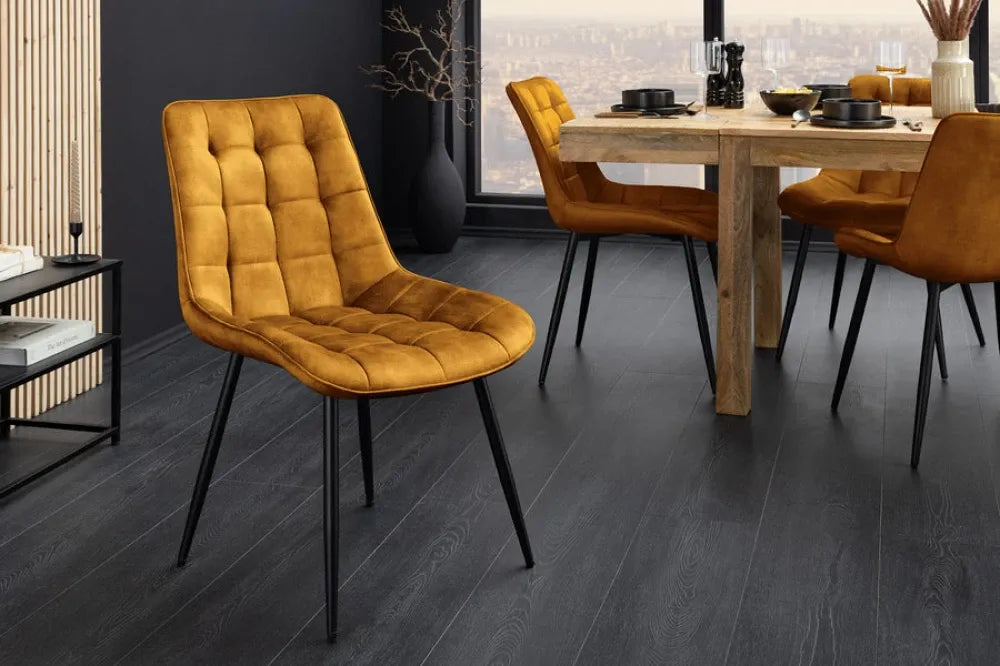 Set 4 scaune tapitat cu Catifea Galben si picioare din Metal Negru H85xL51xA59cm ROADSTAR