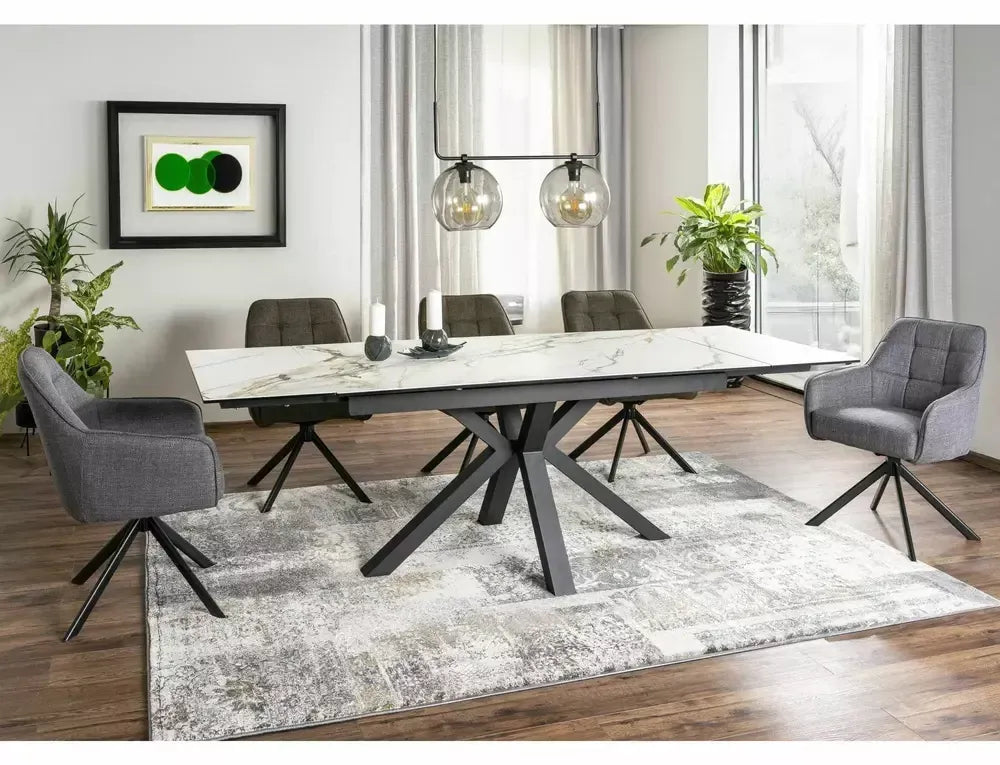 Masa Extensibila de 12 persoane din Sticla securizata+Ceramica Alb amber bianco si Metal Negru mat L160-240xH76cm Columbus