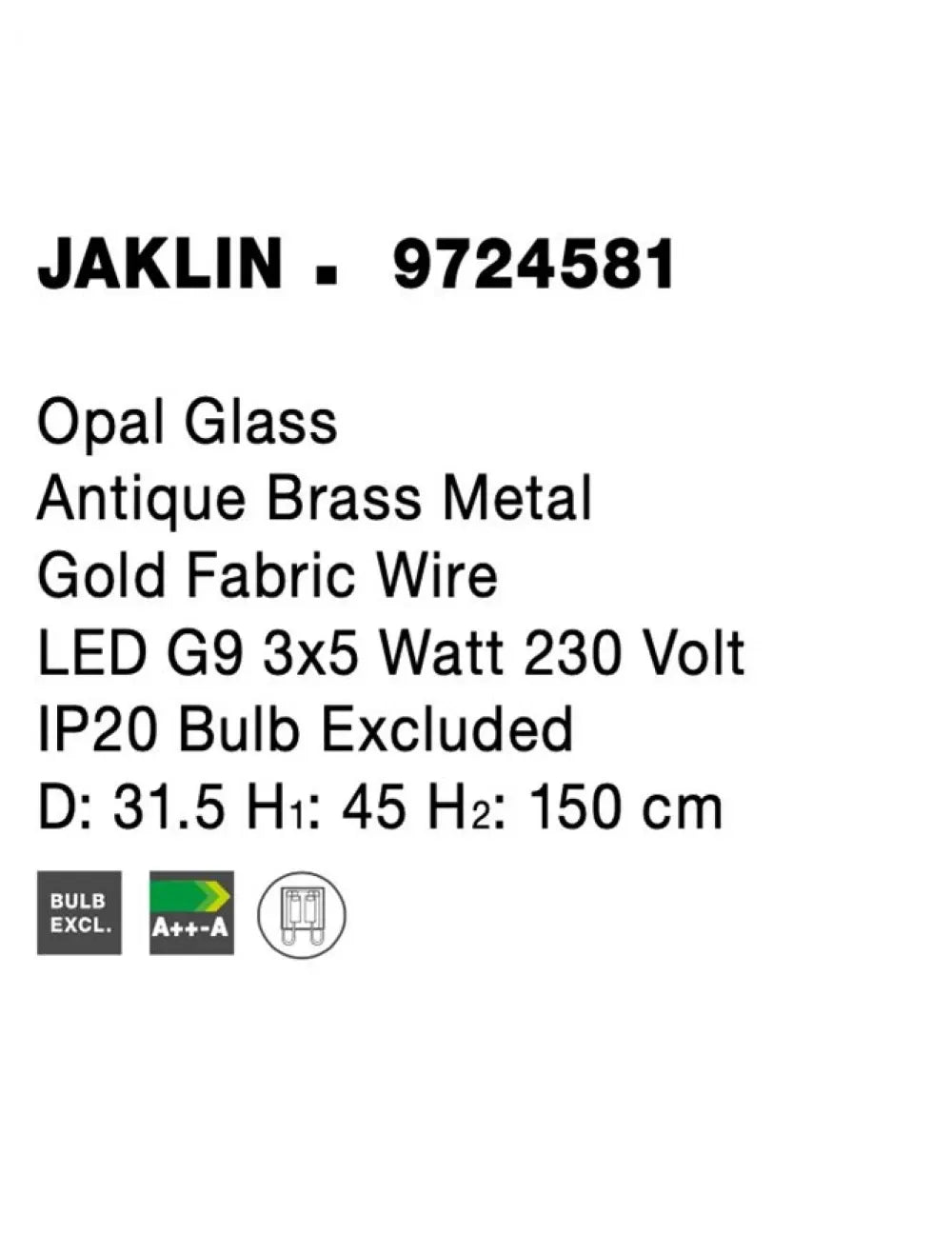 Pendul structura din Metal Alama antichizata si abajur din Sticla Alb H150xL31.5cm IP20 JAKLIN