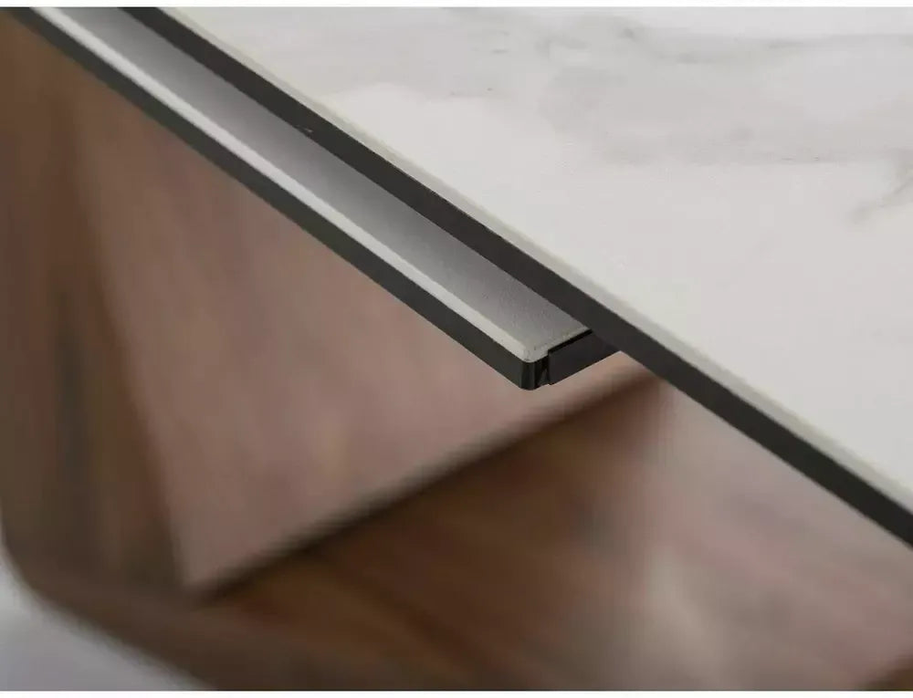 Masa Dreptunghiulara de 12 persoane din Sticla securizata+Ceramica Alb mat cu efect de marmura si MDF+furnir Maro L200-250xH76cm Bonucci