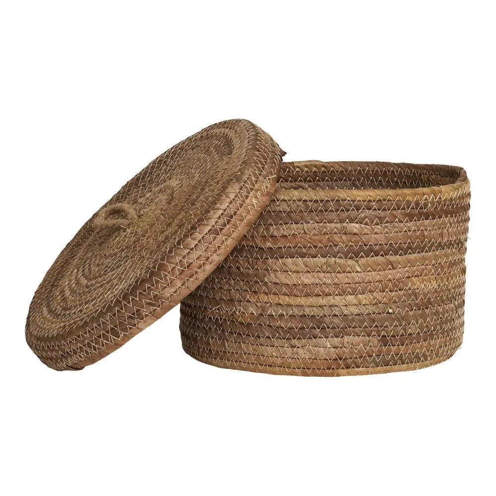Set 2 cosuri depozitare cu capac impletite natural Maro H14/16xD21/24cm Desio