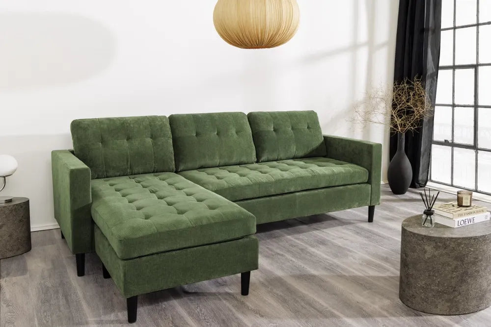 Coltar 3 locuri reversibil tapitat cu Catifea raiata Verde L220cm Stockholm