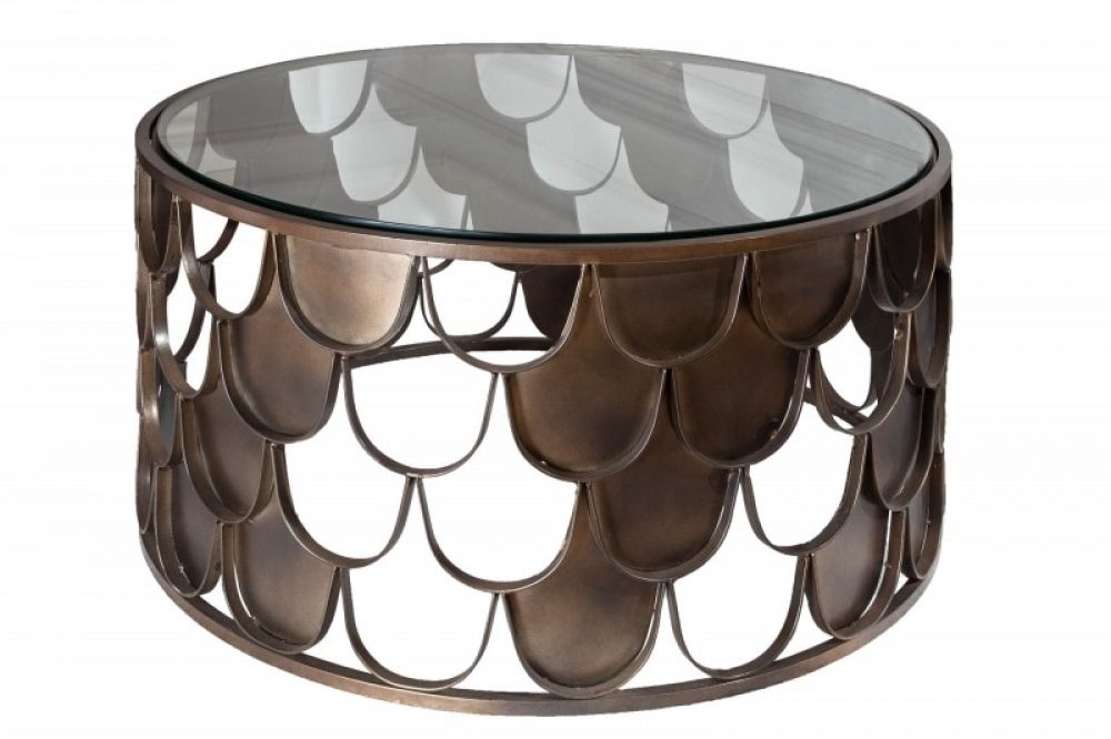 Masuta de cafea rotunda din sticla securizata si Metal transparent/Maro D70xH35cm Abstract