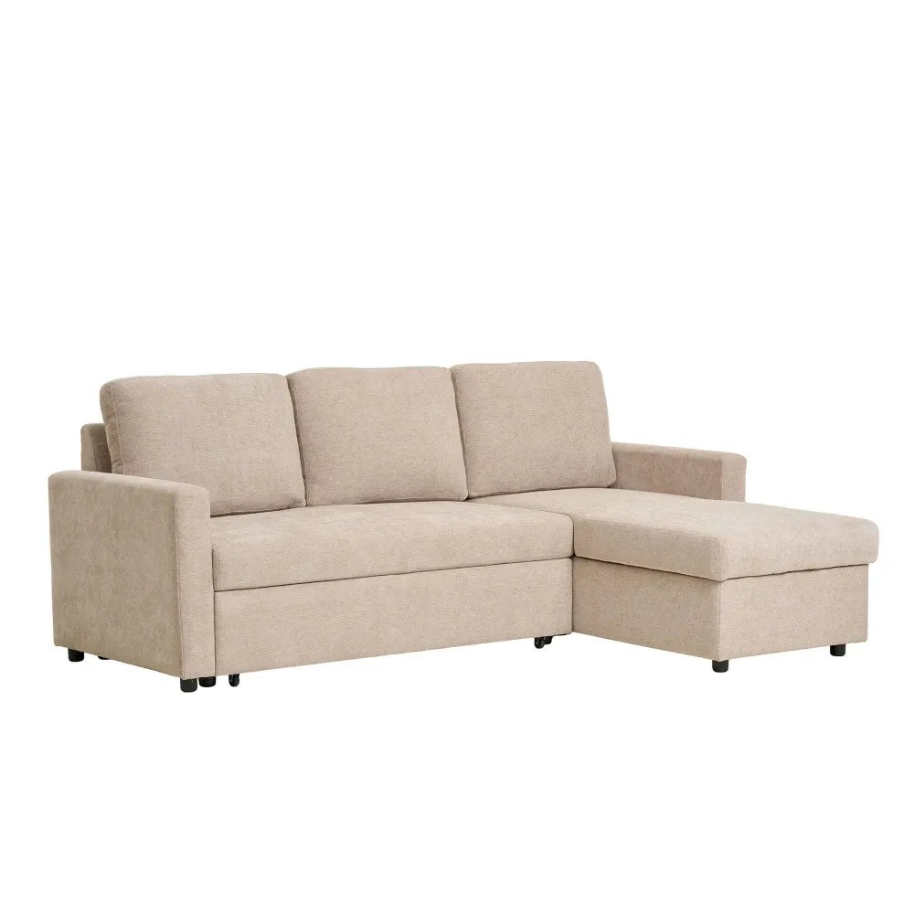 Coltar extensibil cu orientare reversibila si spatiu depozitare tapitat cu Stofa Bej L218xH87cm Belfast