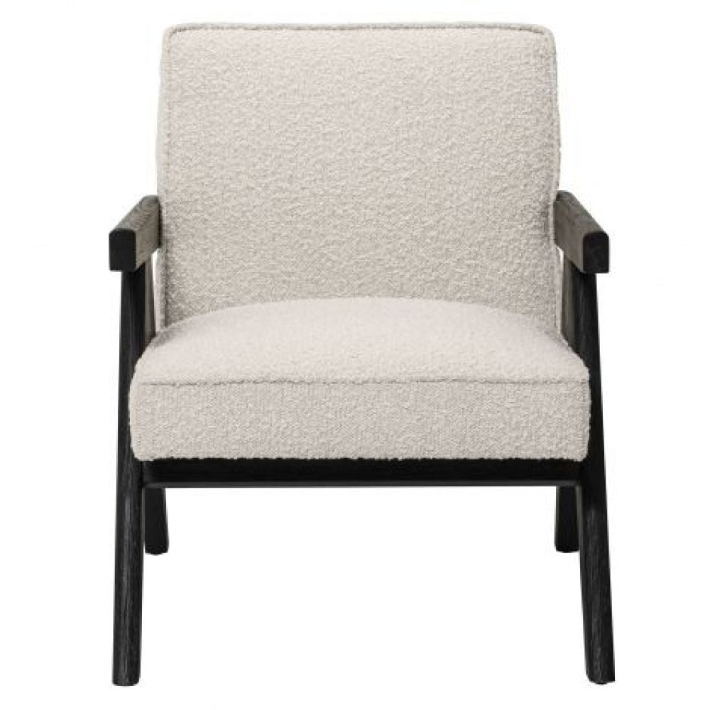 Fotoliu tapitat cu Boucle Crem cu baza din Lemn masiv de stejar Negru H68xL59xA82cm Greta