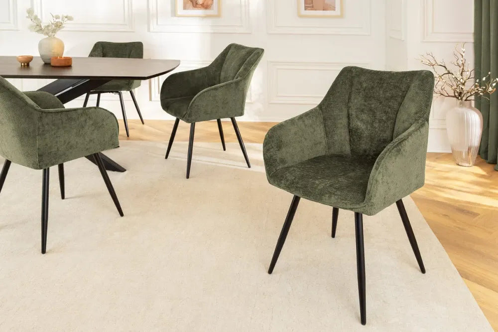 Set 2 scaune rotative cu brate tapitat cu Chenille Verde si picioare din Metal Negru H85xL55xA58cm Avignon