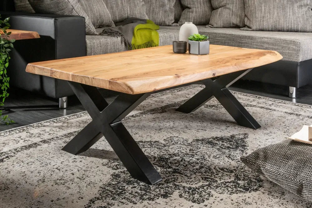Masuta de cafea Dreptunghiulara din Lemn masiv de salcam Maro si Metal Negru L110xH40cm Mammut
