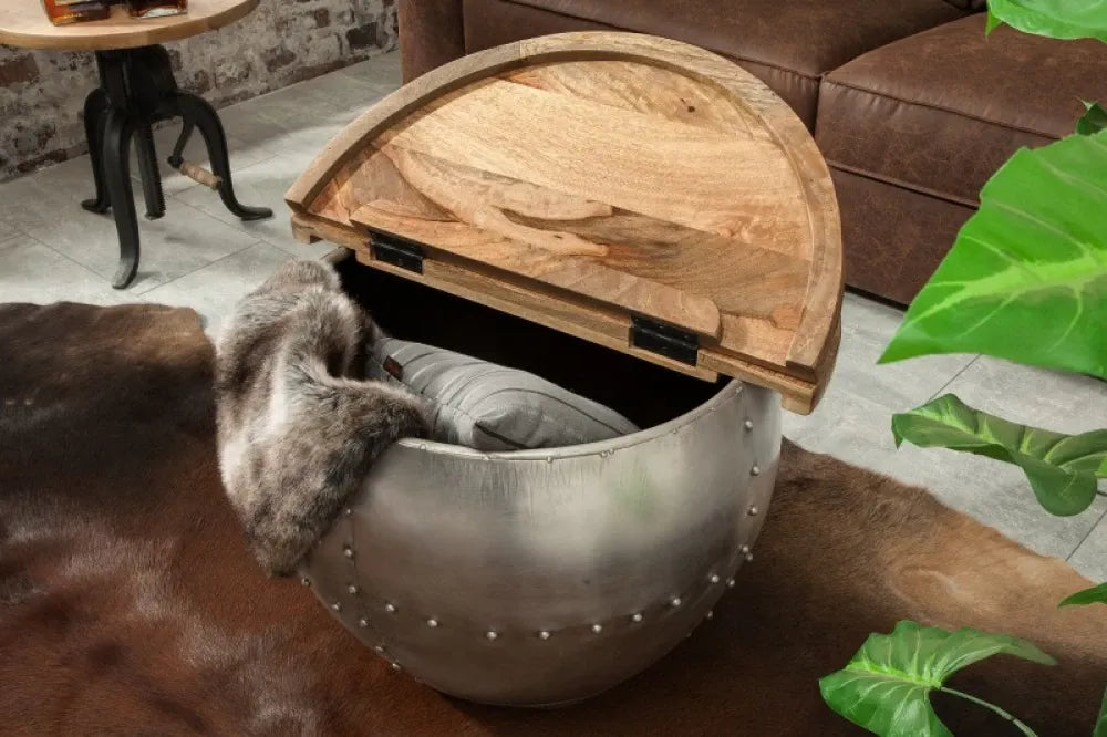 Masuta de cafea Rotunda din Lemn masiv de mango Maro si Metal Argintiu D68xH44cm Drum Storage