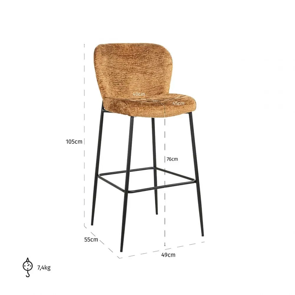 Scaun de Bar tapitat cu Stofa Maro cognac cu picioare din Metal Negru H105xL49xA55cm Darby Richmond Interiors