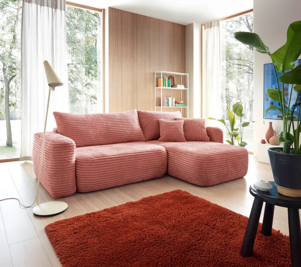 Coltar extensibil tapitat cu Corduroy Roz cu lada depozitare Billy