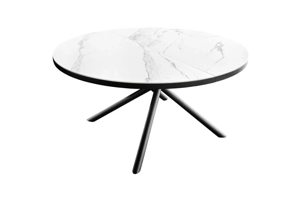 Masa din Sticla securizata/Ceramica Alb cu efect de marmura si Metal Negru L120-160xH77cm Mikado