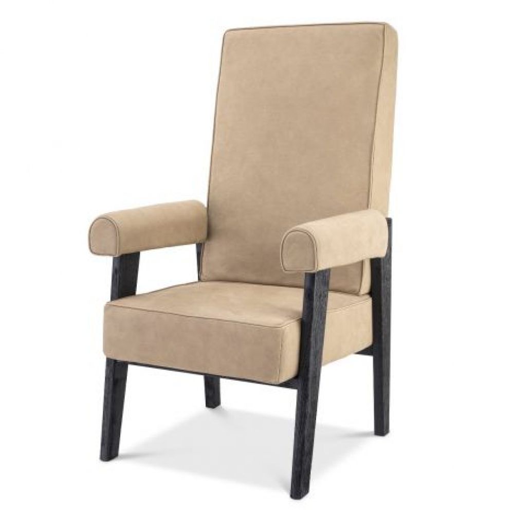 Fotoliu din Piele Bej cu baza din Lemn masiv de stejar Negru H123xL70xA78cm Milo