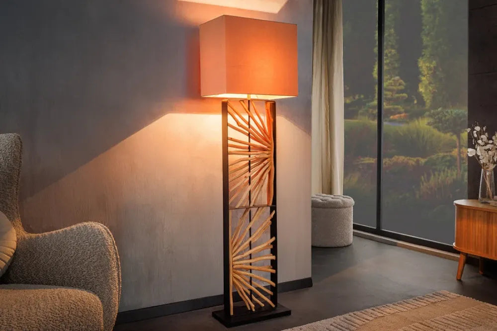 Lampa de podea din Metal/Lemn Negru/Maro si Textil Bej L45xH165cm EUPHORIA