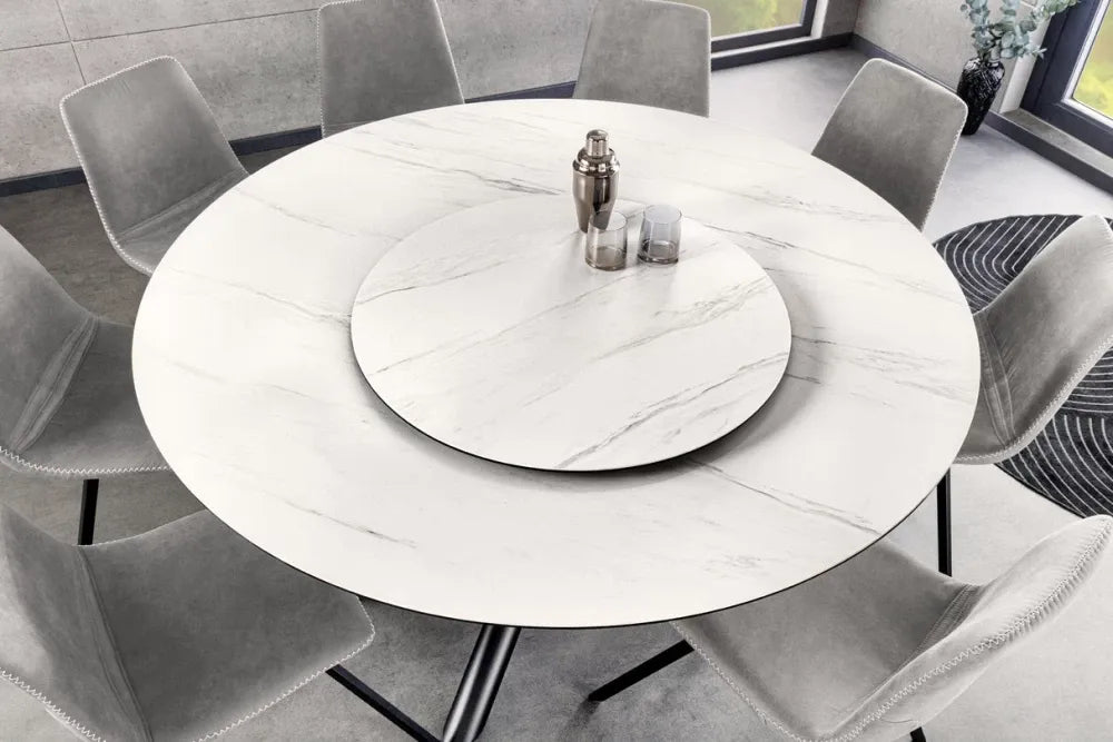 Masa rotunda din Ceramica Alb cu efect de marmura si Metal Negru D150xH76cm Spin