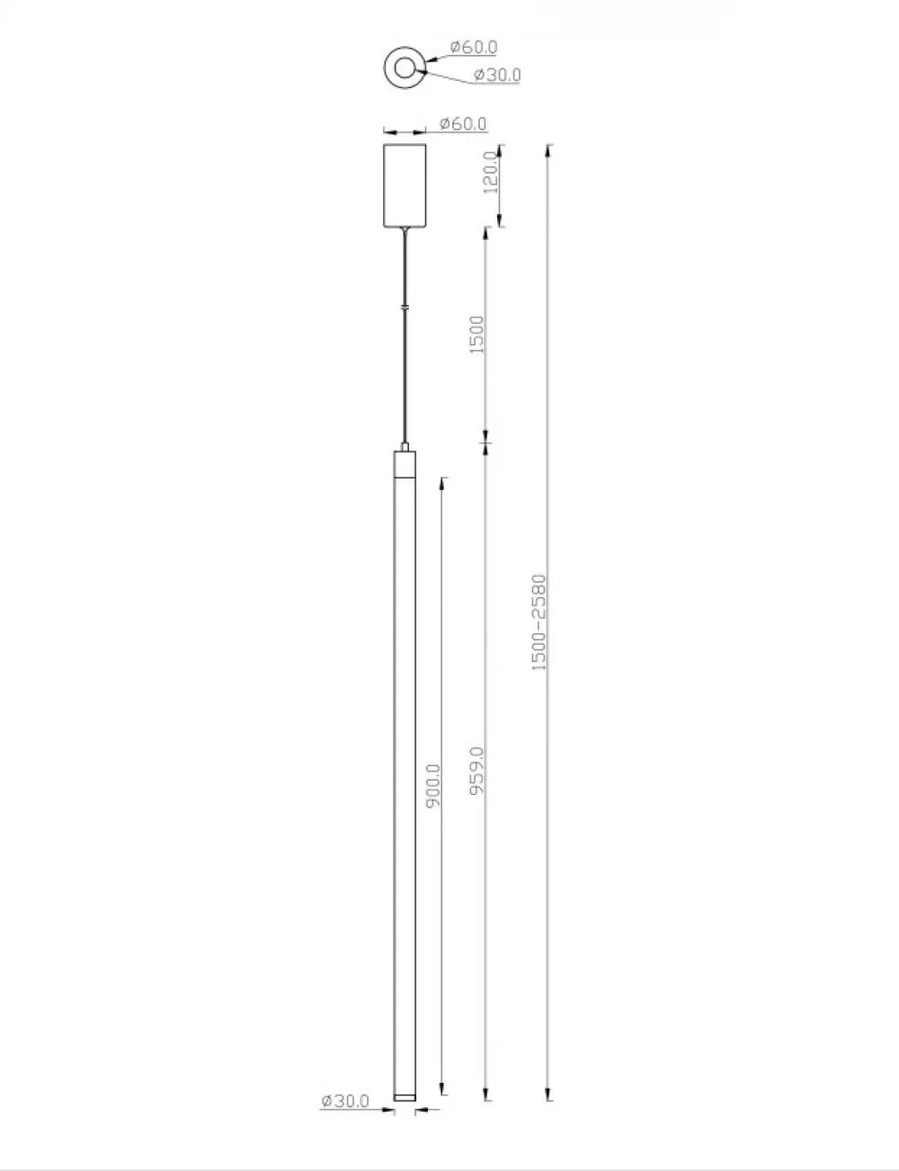 Pendul din Aluminiu Negru H258xD3cm IP 20 20W 2020lm 3000k Ray